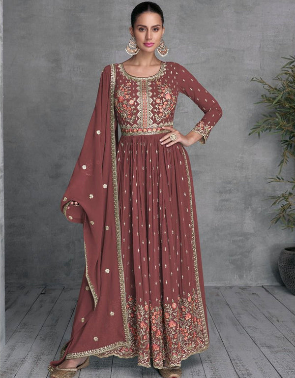 Traditional Function Wear Readymade Suit Collection Brown Real Georgette Pant Straight Front View