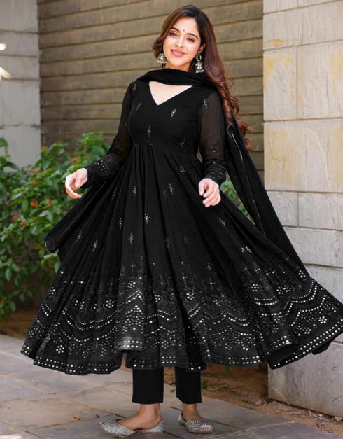 trendy black fox georgette traditional function wear readymade anarkali suit collection with black fox georgette 37.8285714285714 Close-up View