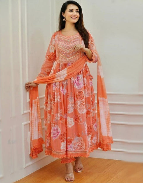 fashionable orange soft muslin traditional function wear readymade suit collection with orange reyon cotton 28.9805714285714 Front View