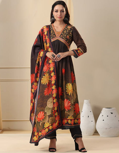 sleek multi heavy muslin traditional function wear readymade suit collection with black reyon cotton 32.3405714285714 Front View
