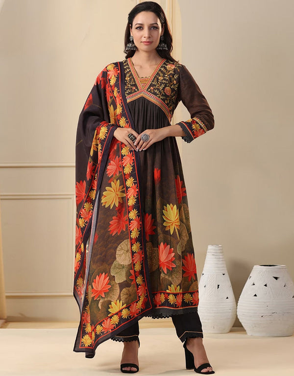 sleek multi heavy muslin traditional function wear readymade suit collection with black reyon cotton 32.3405714285714 Front View