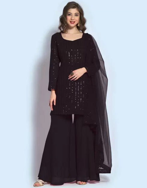 traditional function wear salwar suit collection in black georgette with suit and sharara rt8679-183657 Front View