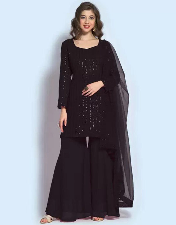 traditional function wear salwar suit collection in black georgette with suit and sharara rt8679-183657 Front View