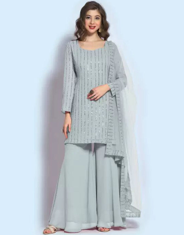 traditional function wear salwar suit collection in grey georgette with suit and sharara rt8679-183658 Front View