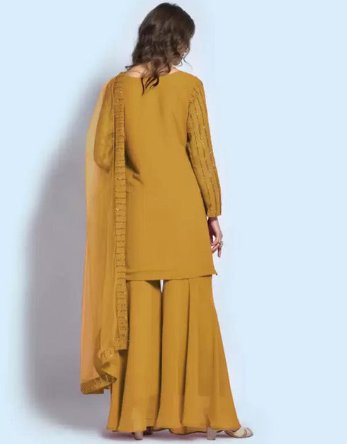 traditional function wear salwar suit collection in mustard georgette with suit and sharara rt8679-183659 Back View