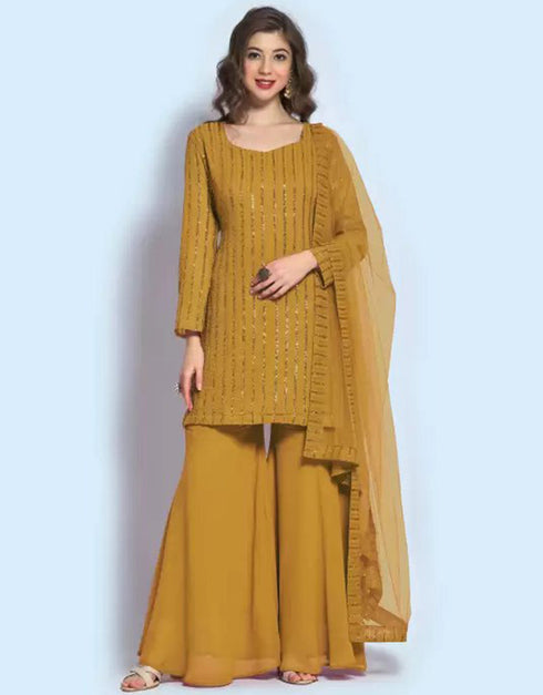 traditional function wear salwar suit collection in mustard georgette with suit and sharara rt8679-183659 Front View