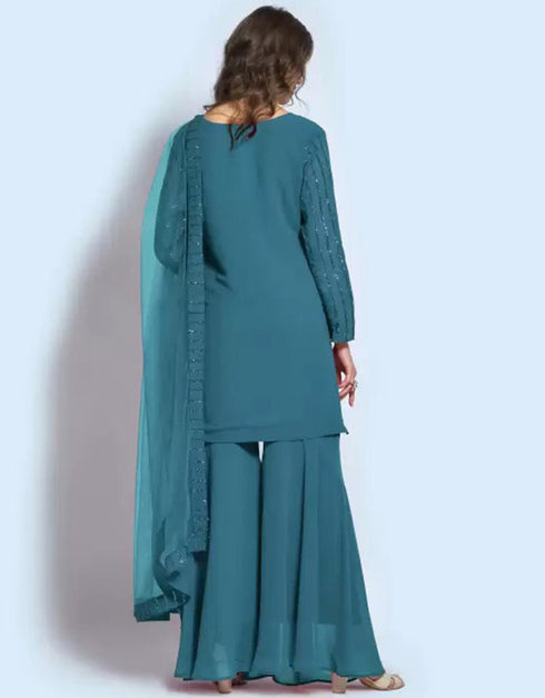 traditional function wear salwar suit collection in teal georgette with suit and sharara rt8679-183661 Back View