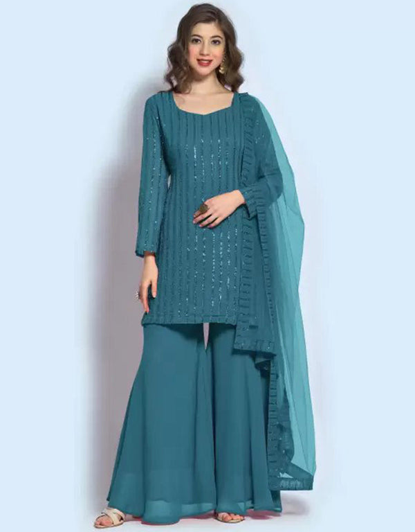traditional function wear salwar suit collection in teal georgette with suit and sharara rt8679-183661 Front View