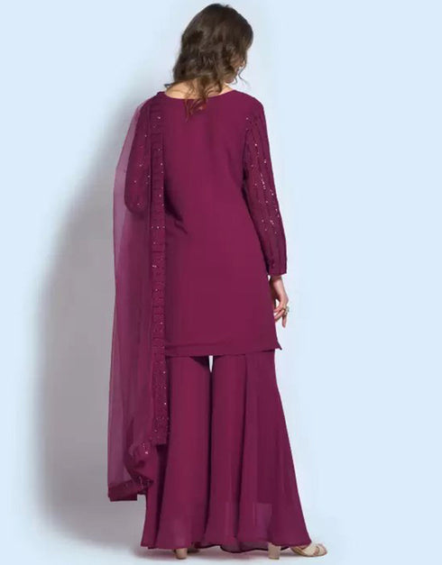 traditional function wear salwar suit collection in wine georgette with suit and sharara rt8679-183662 Back View