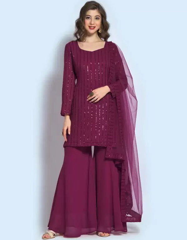 traditional function wear salwar suit collection in wine georgette with suit and sharara rt8679-183662 Front View