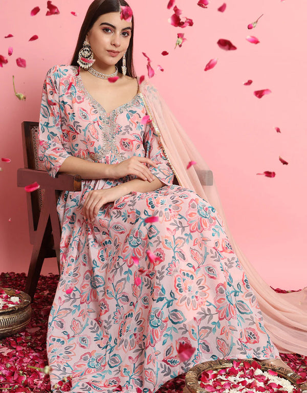 contemporary peach georgette traditional function wear readymade suit collection with peach pure viscose 31.7325714285714 Front View