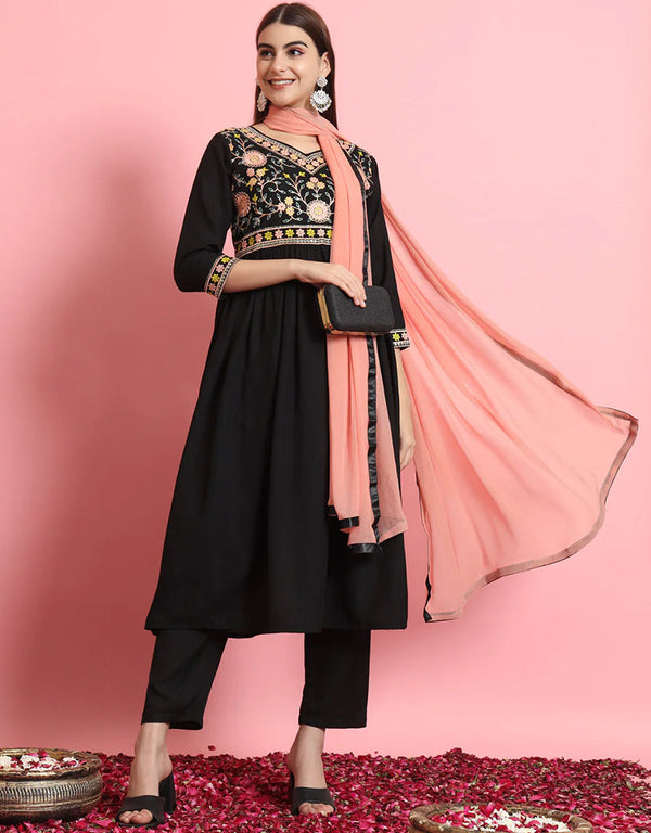 classy black pure viscose rayon traditional function wear readymade suit collection with black viscose rayon 30.6125714285714 Front View