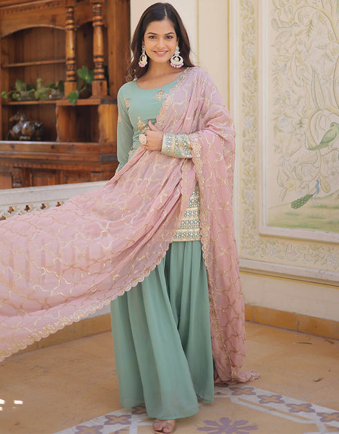 chic pista faux georgette traditional function wear readymade salwar suit collection with pista faux georgette 34.9485714285714 Close-up View