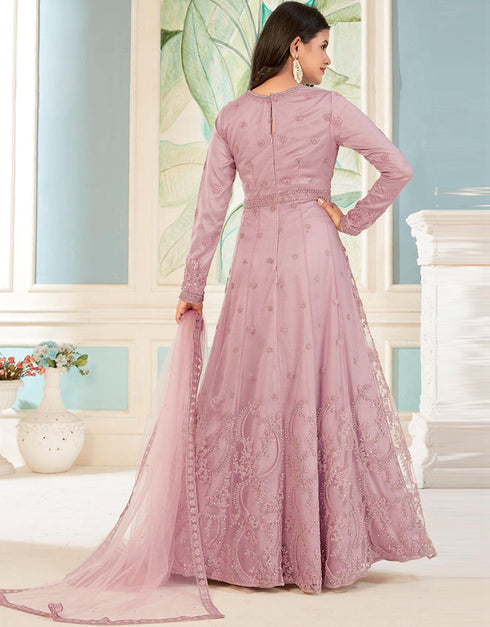 designer party wear anarkali suit collection in pink net with anarkali and pant rt8741-183975 Close-up View