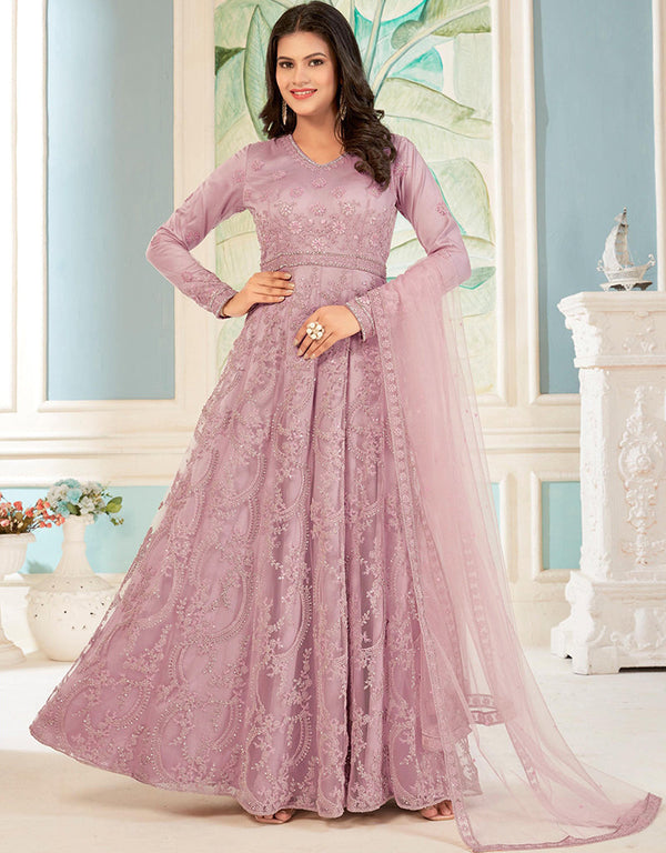 designer party wear anarkali suit collection in pink net with anarkali and pant rt8741-183975 Front View