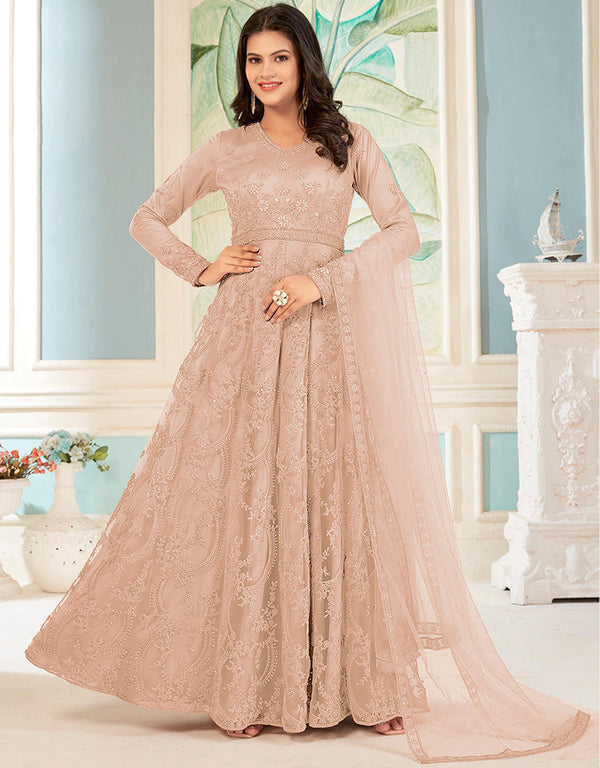 designer party wear anarkali suit collection in peach net with anarkali and pant rt8741-183976 Front View