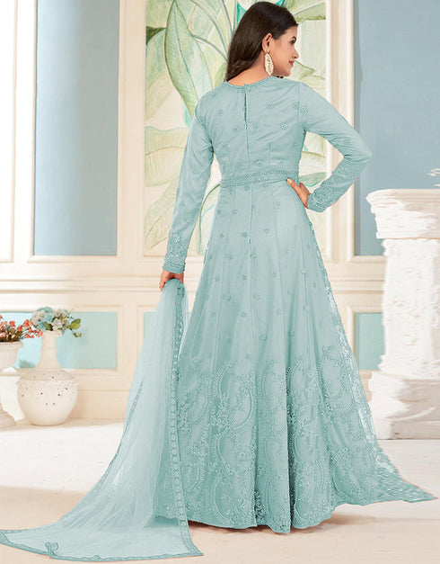 designer party wear anarkali suit collection in sky net with anarkali and pant rt8741-183977 Close-up View