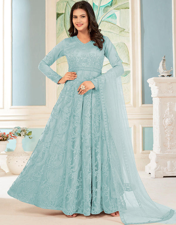 designer party wear anarkali suit collection in sky net with anarkali and pant rt8741-183977 Front View