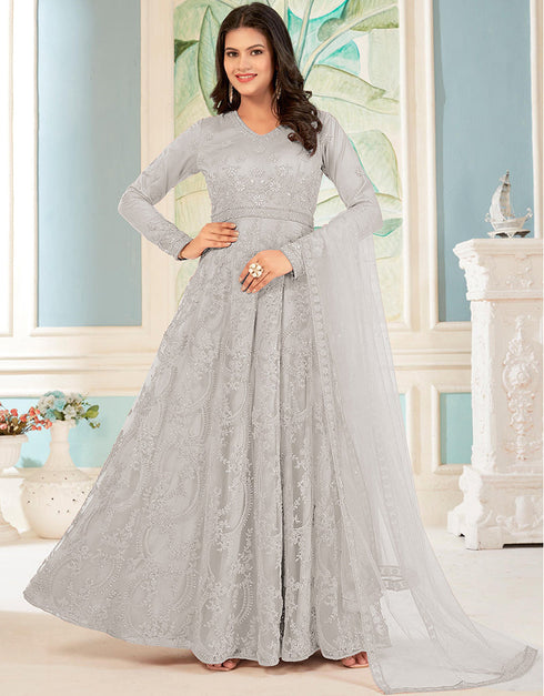 designer party wear anarkali suit collection in light grey net with anarkali and pant rt8741-183978 Front View
