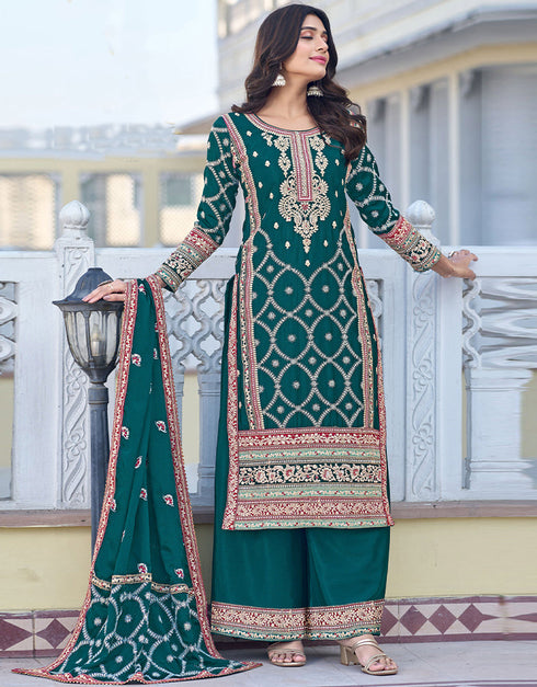 traditional function wear heavy chinon silk salwar suit collection in green heavy chinon silk with straight and palazzo rt8744-183987 Front View