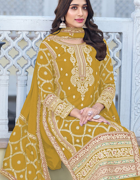 traditional function wear heavy chinon silk salwar suit collection in yellow heavy chinon silk with straight and palazzo rt8744-183988 Close-up View