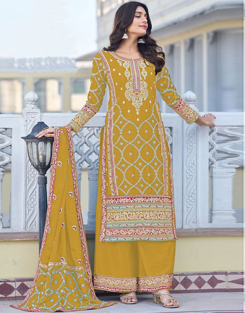 traditional function wear heavy chinon silk salwar suit collection in yellow heavy chinon silk with straight and palazzo rt8744-183988 Front View