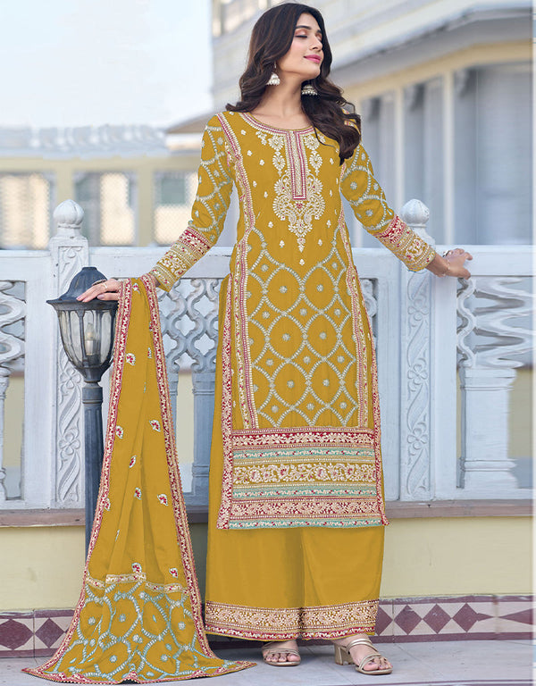 traditional function wear heavy chinon silk salwar suit collection in yellow heavy chinon silk with straight and palazzo rt8744-183988 Front View