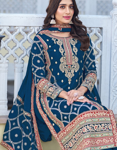 traditional function wear heavy chinon silk salwar suit collection in blue heavy chinon silk with straight and palazzo rt8744-183989 Close-up View