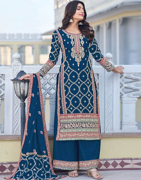 traditional function wear heavy chinon silk salwar suit collection in blue heavy chinon silk with straight and palazzo rt8744-183989 Front View