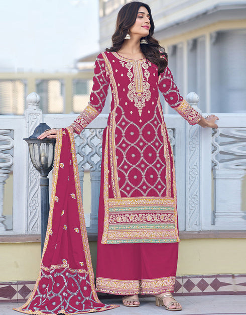 traditional function wear heavy chinon silk salwar suit collection in rani pink heavy chinon silk with straight and palazzo rt8744-183990 Front View