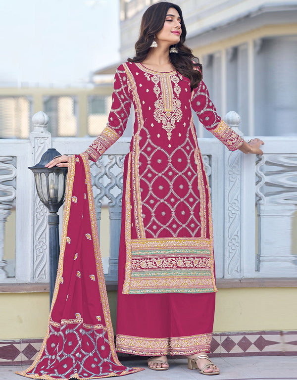 traditional function wear heavy chinon silk salwar suit collection in rani pink heavy chinon silk with straight and palazzo rt8744-183990 Front View