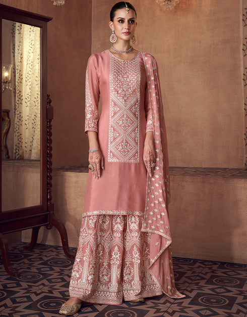 stylish pink real chinon traditional function wear real chinon silk readymade salwar suit collection with pink real chinon rt8746-183995 Front View
