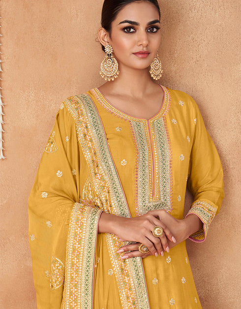 elegant yellow real chinon traditional function wear real chinon silk readymade salwar suit collection with yellow real chinon rt8746-183998 Close-up View