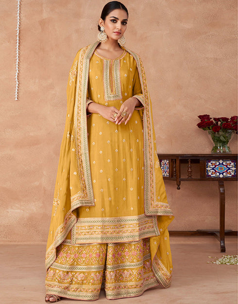 elegant yellow real chinon traditional function wear real chinon silk readymade salwar suit collection with yellow real chinon rt8746-183998 Front View