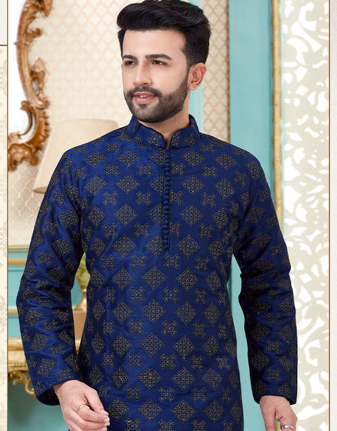Blue Kurta Dupion Silk With Embroidery Work Payjama Closure View