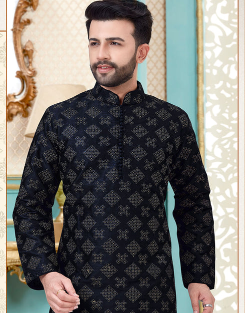 Black Kurta Dupion Silk With Embroidery Work Payjama Closure View