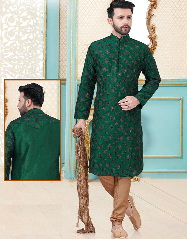 Green Kurta Dupion Silk With Embroidery Work Payjama
