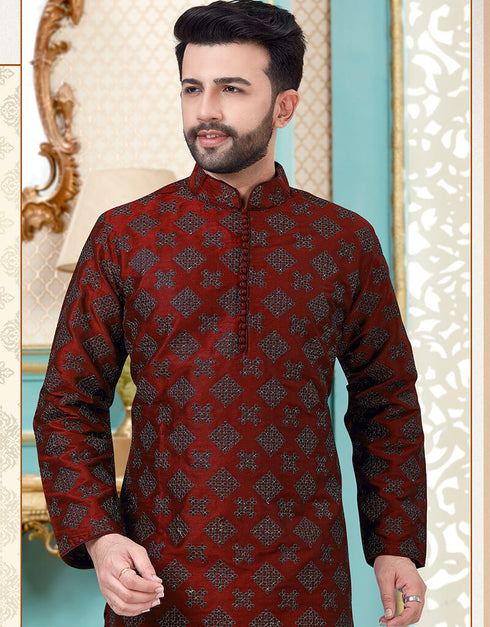 Red Kurta Dupion Silk With Embroidery Work Payjama Closure View
