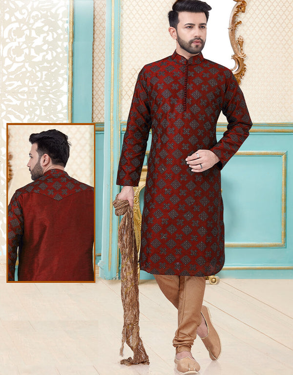 Red Kurta Dupion Silk With Embroidery Work Payjama