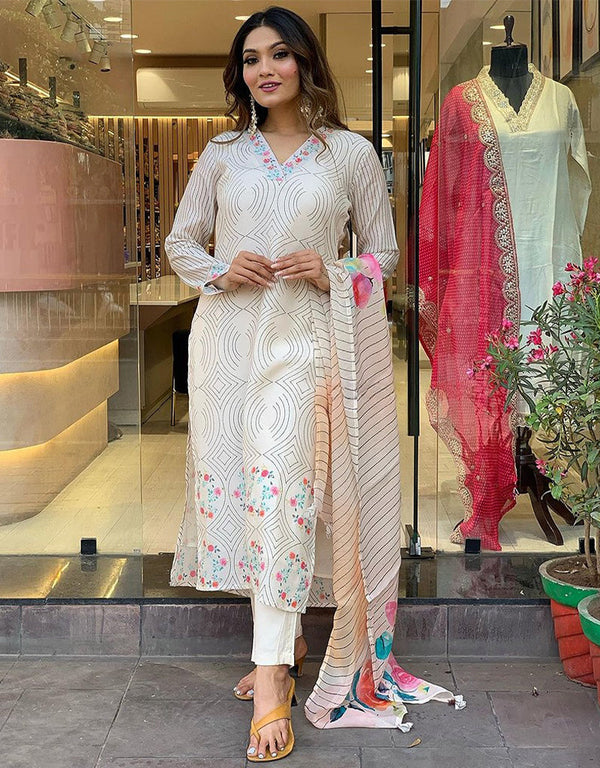 traditional function wear maslin readymade suit collection in off white maslin with straight and pant rt8754-184022 Front View