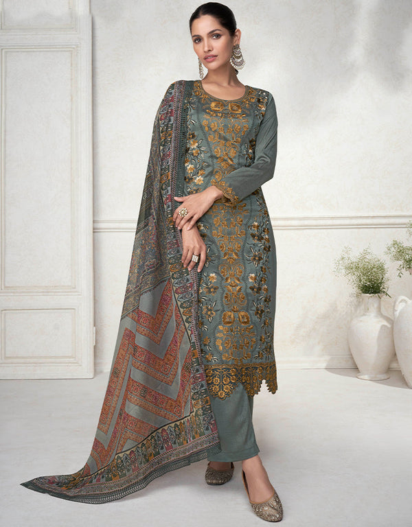 elegant grey premium silk traditional function wear readymade salwar suit collection with grey premium silk 41.7485714285714 Front View