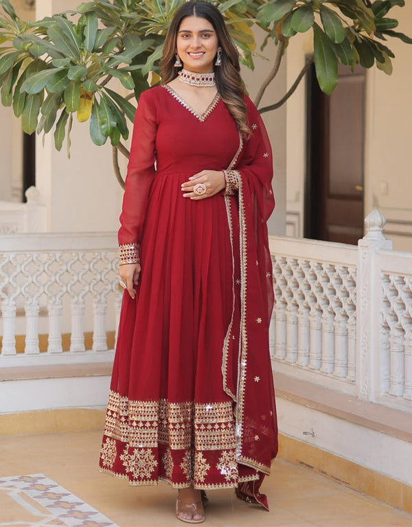 faux blooming traditional function wear heavy readymade gown with dupatta collection gown with sequins embroidered work and wine dupatta rt8765-184068 Front View