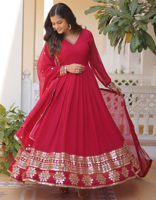 faux blooming traditional function wear heavy readymade gown with dupatta collection gown with sequins embroidered work and pink dupatta rt8765-184070 Front View