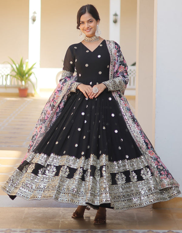 faux georgette traditional function wear heavy readymade gown with dupatta collection gown with embroidery zari sequins work and multi dupatta rt8766-184071 Front View