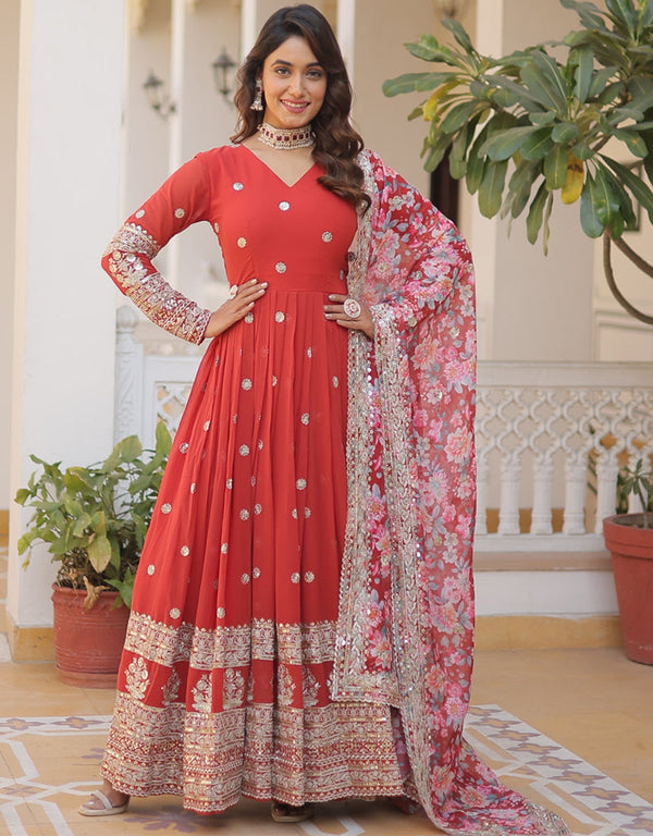 faux georgette traditional function wear heavy readymade gown with dupatta collection gown with embroidery zari sequins work and multi dupatta rt8766-184072 Front View
