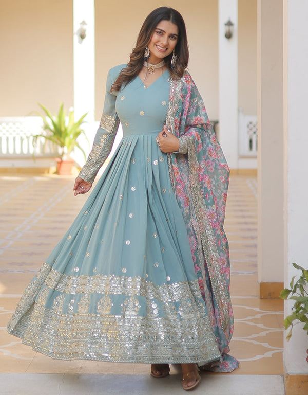 faux georgette traditional function wear heavy readymade gown with dupatta collection gown with embroidery zari sequins work and multi dupatta rt8766-184073 Front View