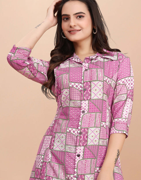 classy printed & foil work soft cotton traditional function wear soft cotton readymade kurti collection with pink rt8767-184074 Side View