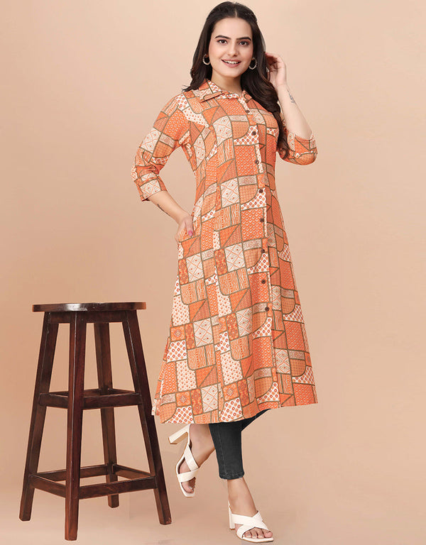 stylish printed & foil work soft cotton traditional function wear soft cotton readymade kurti collection with orange rt8767-184075 Front View