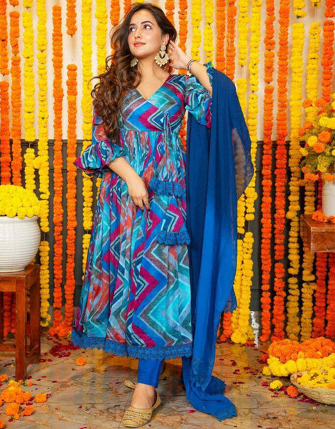fashionable navy blue chiffon traditional function wear readymade anarkali suit collection with navy blue micro crep 31.4285714285714 Close-up View