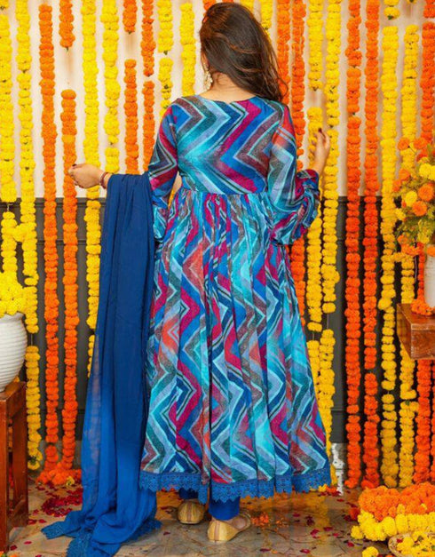 fashionable navy blue chiffon traditional function wear readymade anarkali suit collection with navy blue micro crep 31.4285714285714 Back View